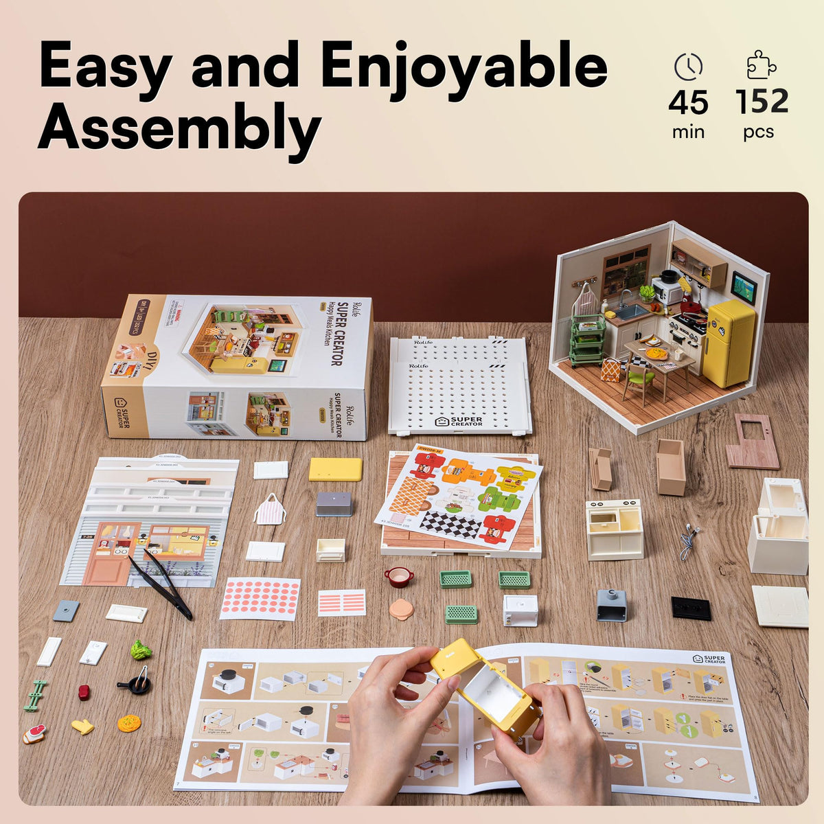 Rolife DIY Miniature Plastic House Building Set Toys Playset with LED Suitable for Mini Figures Construction Toys Diorama Kit Gifts for Teens Adults (Happy Meals Kitchen)