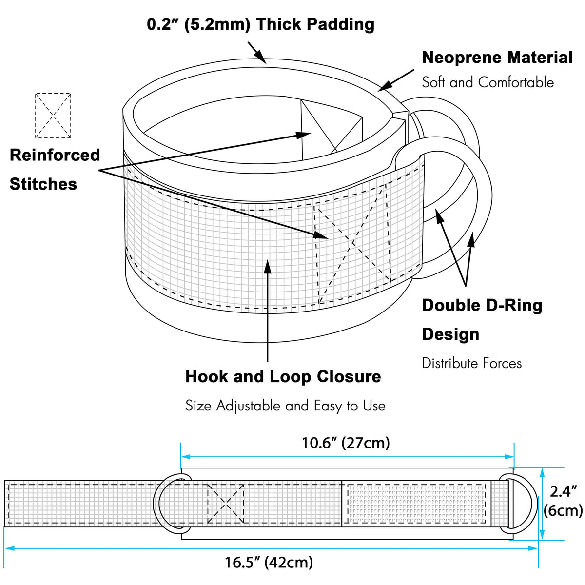 Techion 1 Pair of Fitness Ankle Straps for Cable Machine - Double D-Ring, Adjustable Comfort fit Neoprene - for Men and Women - Black