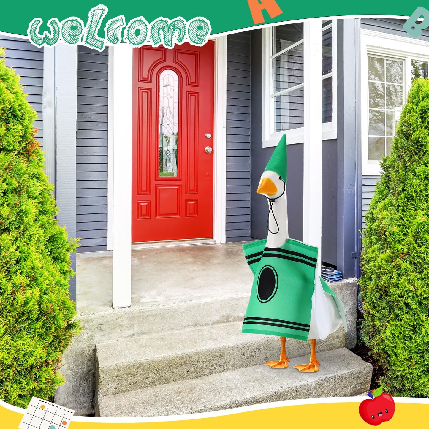 Geyoga Back to School Porch Goose Outfit 23" Classroom Goose Clothes Lawn School Garden Patio Yard Outdoor Decorations(Green,Crayon)