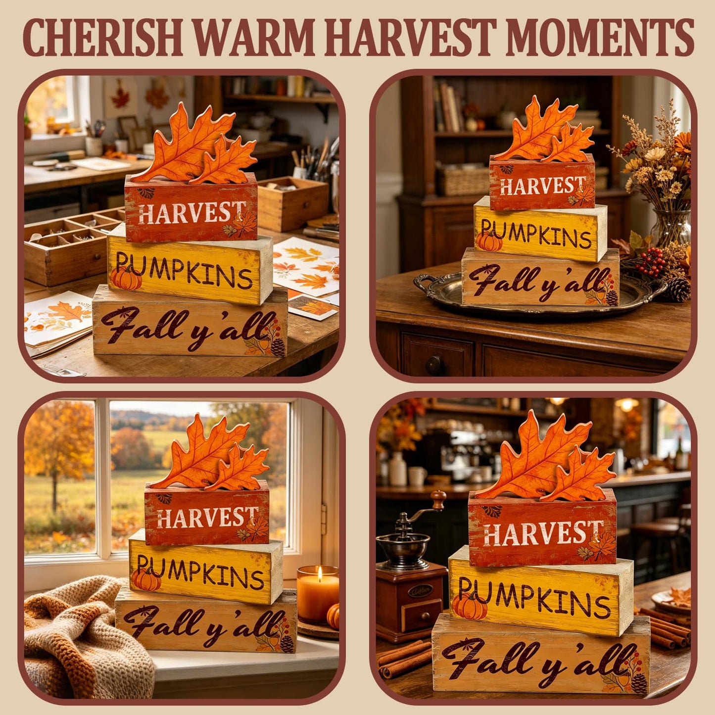 4 Pcs Fall Thanksgiving Tiered Tray Decor Wooden Harvest Pumpkin Signs Fall Yall Rustic Farmhouse Table Decoration Centerpieces Harvest Wooden Blocks for Home Kitchen Living Room Indoor Tabletop Decor