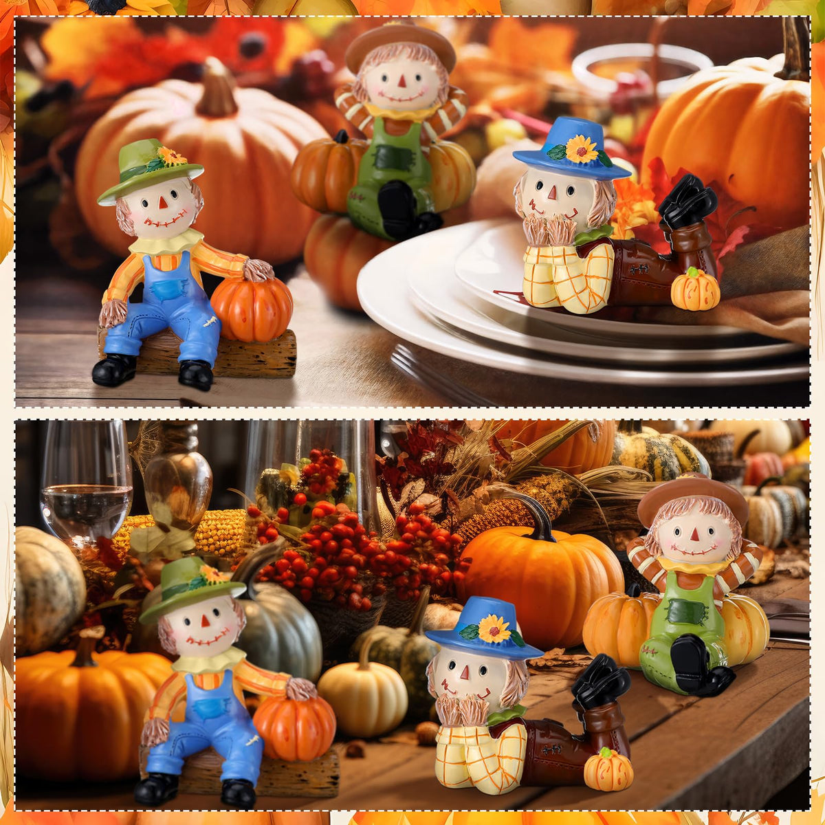 ShinyRelief 3 Pcs 3D Thanksgiving Scarecrows Table Decor Figurines with Pumpkin Fall Table Centerpiece Decor Autumn Harvest Resin Statue Gifts for Kitchen Home Office Tiered Tray Shelf Party Supplies