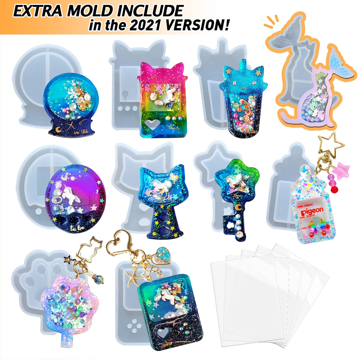 Resin Shaker Molds Set Game Consoles, Bottle, Cat's Paw, Crystal Ball 10 Silicone Trays with 5 Seal Films