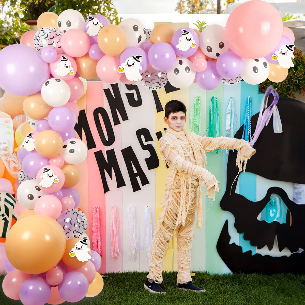 Halloween Balloon Arch Garland Kit Pink, 129pcs 18" 10" 5" Pink Purple Balloons with 3D Bat BOO Foil Balloons for Halloween Baby Shower Birthday Outdoor Indoor Decorations