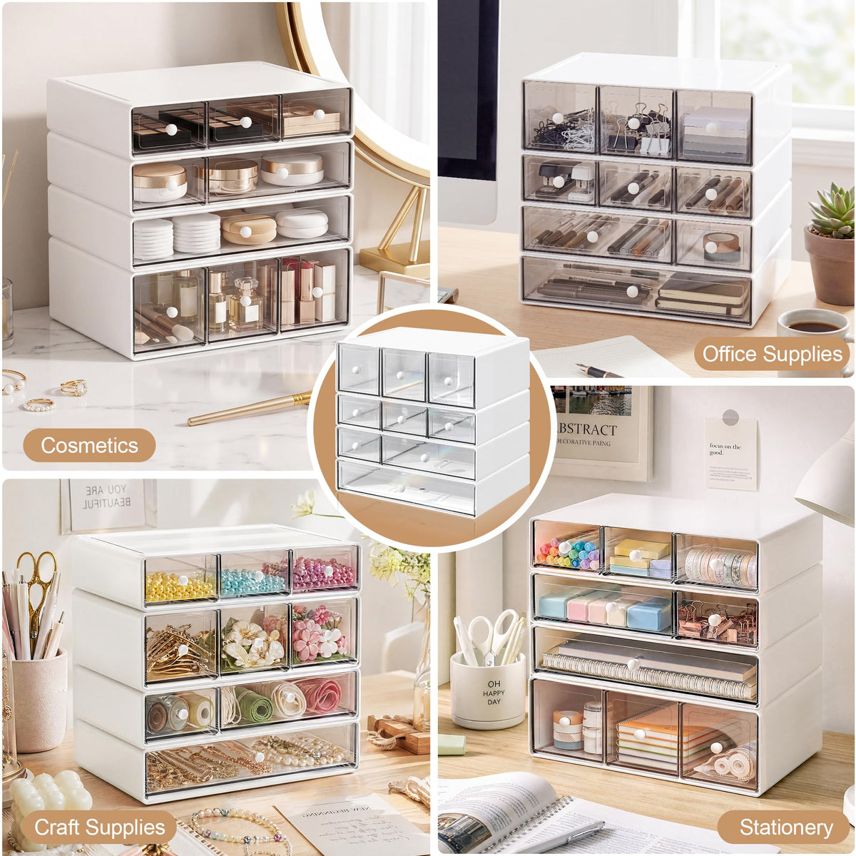 AZ. MIFENO Desk Organizer with 9 Drawers, 4 Tiers Stackable Storage Drawers, Desktop Storage Box with Clear Drawers for Stationery, Makeup, Jewelry, Office and Craft Supplies (White)