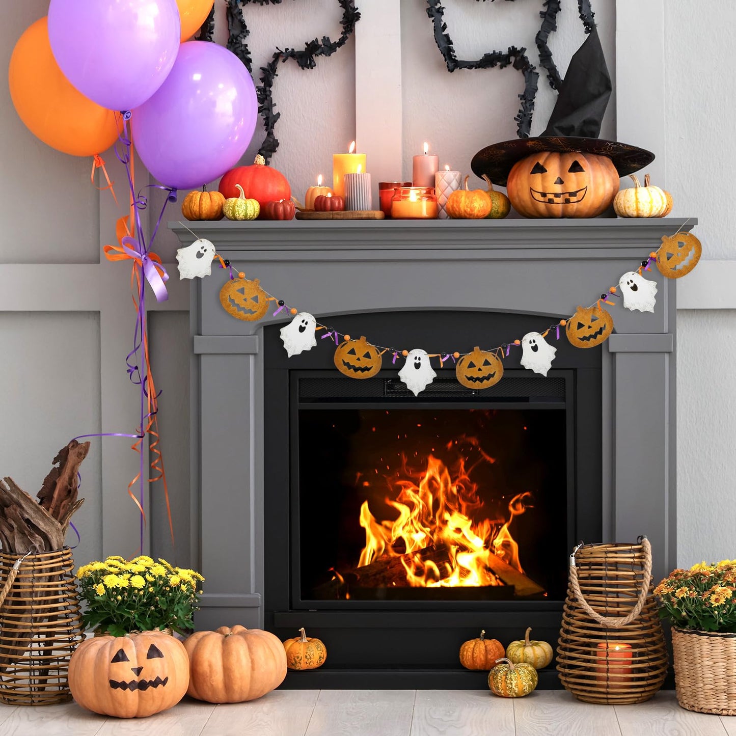 Cinnvoice 8.2 ft Halloween Ghost Pumpkin Garland Wooden Beads Garland Rustic Farmhouse Country Decor Wood Pumpkin Banner Ghost Halloween Hanging Decor for Fireplace Mantel Wall Home Window