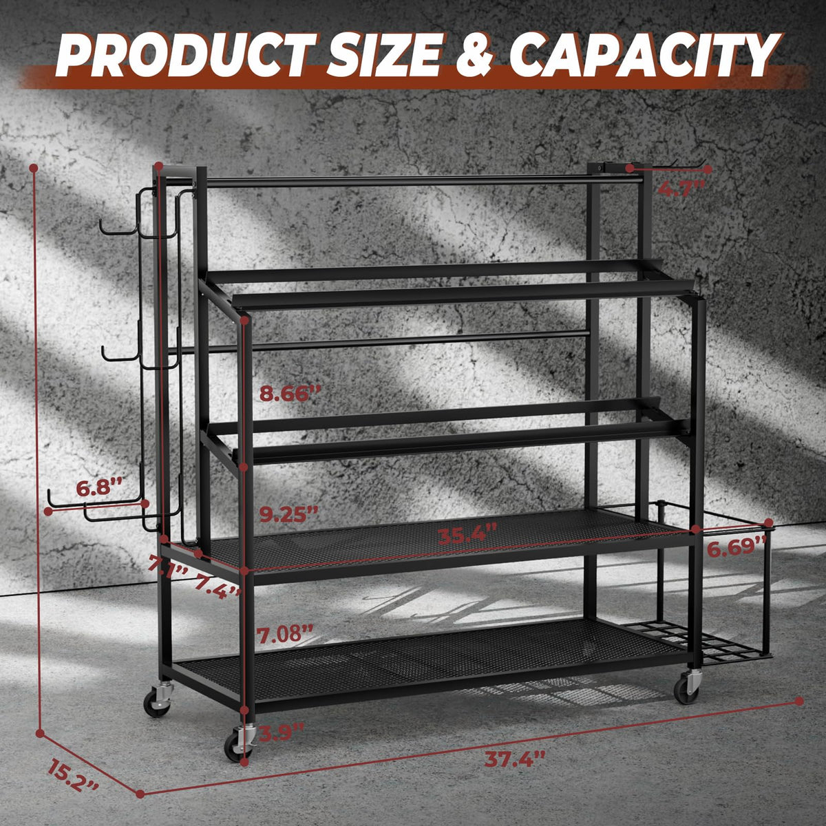 XL Dumbbell Rack Weight Stand - Upgraded 4-Tier Adjustable Weight Rack for Dumbbells, Home Gym Storage Rack for Yoga Mat Kettlebells, Workout Equipment Storage Organizer With Wheels and Hooks