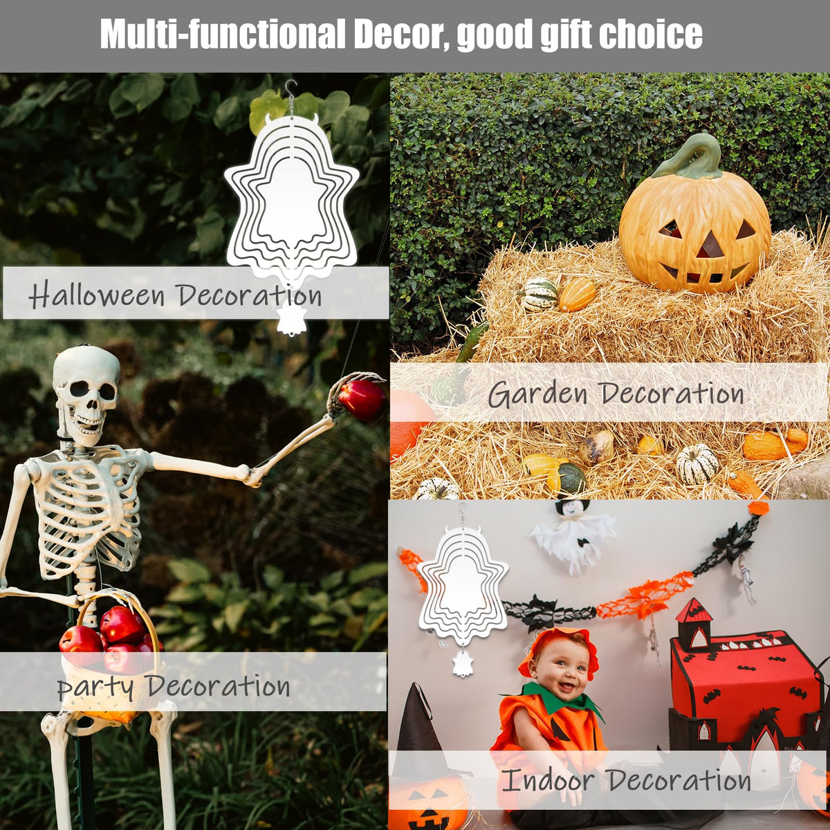 4Pack 8 inch Sublimation Wind Spinner Blanks 3D Aluminum Metal Wind Sculpture Kinetic Spinners for Yard and Garden Indoor Art Ornaments Hanging Decoration (Halloween Ghost)