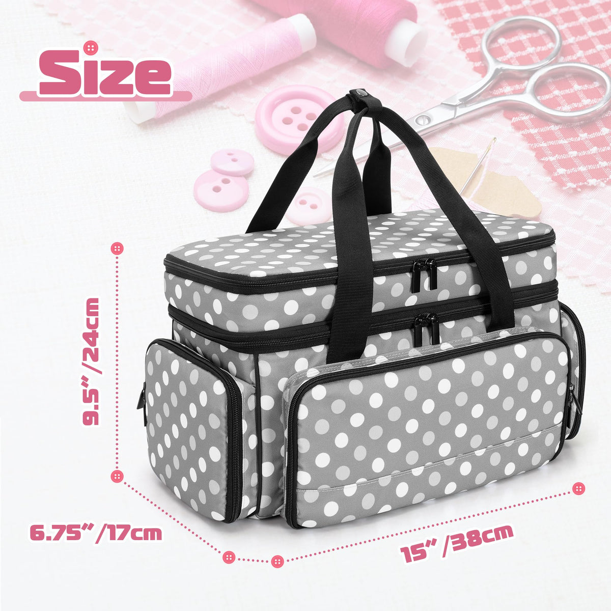 LUXJA Large 2 Layers Sewing Organizer Bag with 5 Detachable Dividers, Sewing Storage Bag for Sewing Supplies, Polka Dots