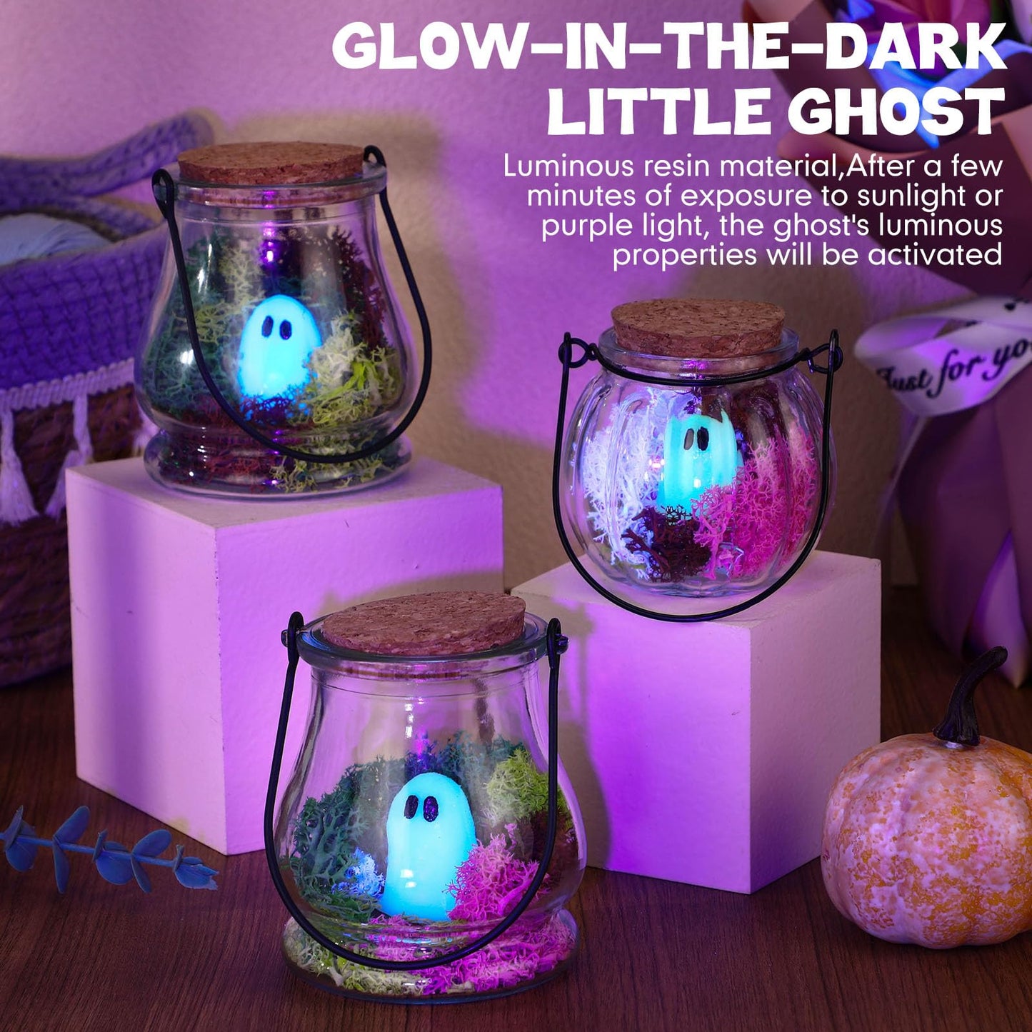 HyDren 6 Set Halloween Pet Ghost in a Jar Adopt a Ghost Glows in the Dark Pet in a Bottle with Moss Luminous Figurines in Glass Spooky Decor Creepy DIY Craft Gift Halloween Party Favor, 3.74 x 3.34In