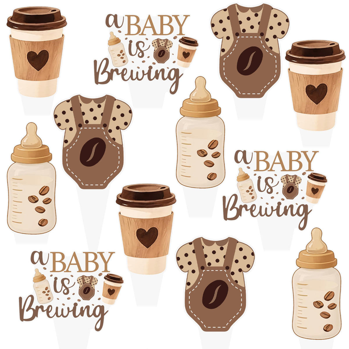 A Baby is Brewing Cupcake Toppers, Coffee Theme Baby Shower Decorations, 48 Pack, Brown Gender Reveal Party Supplies with Coffee Cup and Baby Bottle Picks