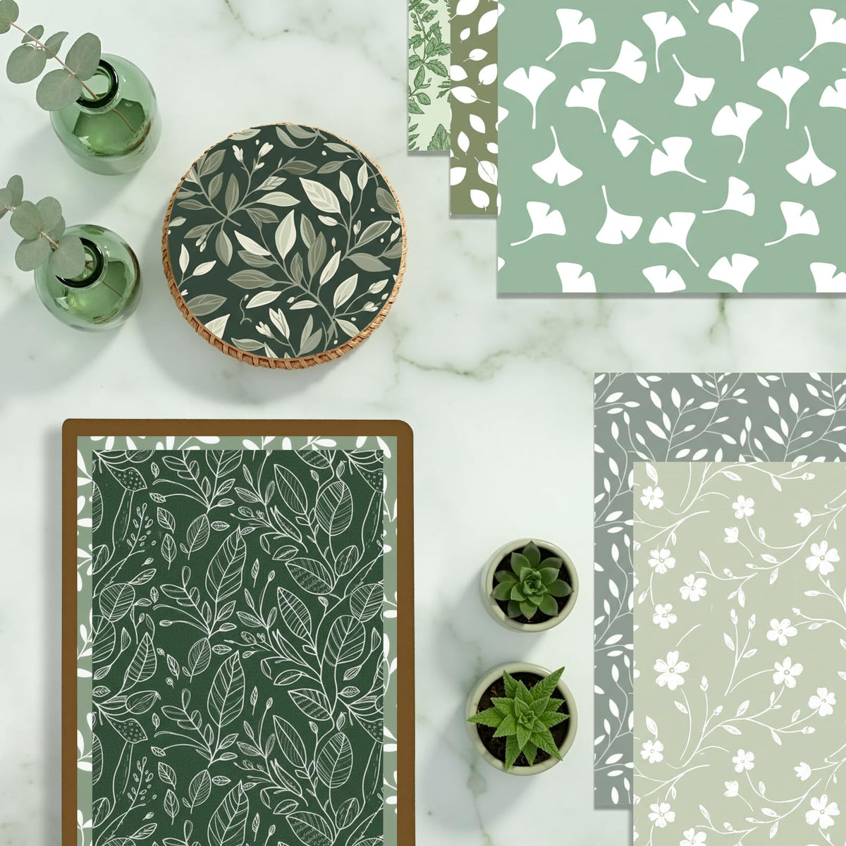 LENSARKU 24 Sheets 11.8 x 11.8 Inch Sage Green Botanical Scrapbook Paper, 160gsm Double Sided Decorative Paper for Junk Journals, Wrapping & Mixed Media, DIY Card Making, Photo Album, Journal Decor