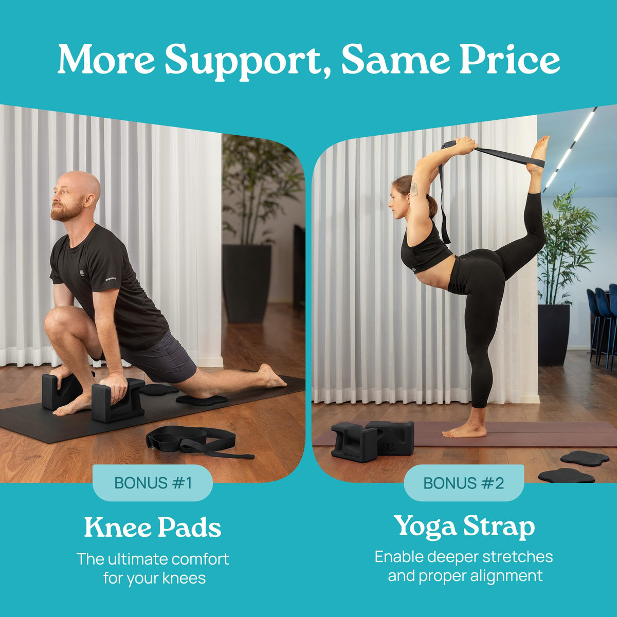 Deep-Zen PRO Yoga Blocks | Ergonomic Yoga Block 2 Pack for Wrist Comfort and Support | EVA Foam Exercise Blocks, 2x Knee Pads & Yoga Strap | Pilates Block Set | Bricks to Eliminate Wrist Pain, Black