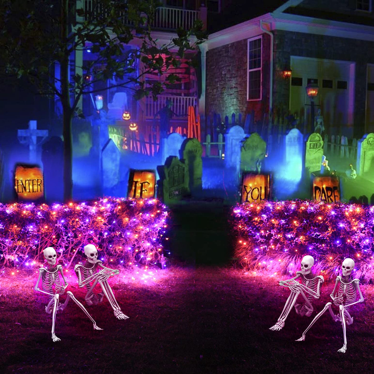 Pooqla 360 LED Halloween Net Lights Outdoor, 21 ft x 5 ft Connectable Mesh String Lights 8 Modes Waterproof Plug in for Halloween Decoration Bushes Yard Garden Party, Orange and Purple