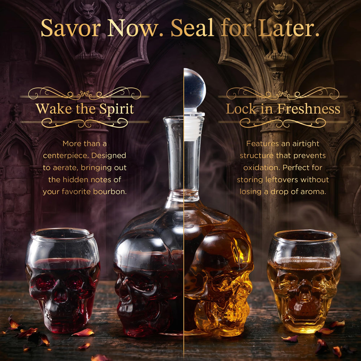 Gothic Skull Whiskey Decanter Set - 34 oz Spooky Skeleton Glass Decanter with 2 Rocks Glasses - Dark Academia Home Bar Decor & Man Cave - Cool Halloween Gifts for Men & Whisky Lovers