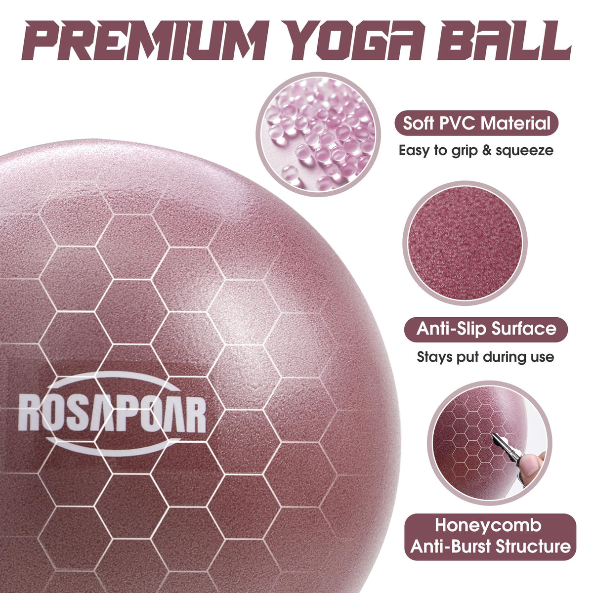 ROSAPOAR Small Exercise Ball - 9 Inch Mini Pilates Ball, Anti-Burst Yoga Ball for Stretching & Core Strength Workout, Physical Therapy & Yoga at Home Gym & Office - Dark Purple