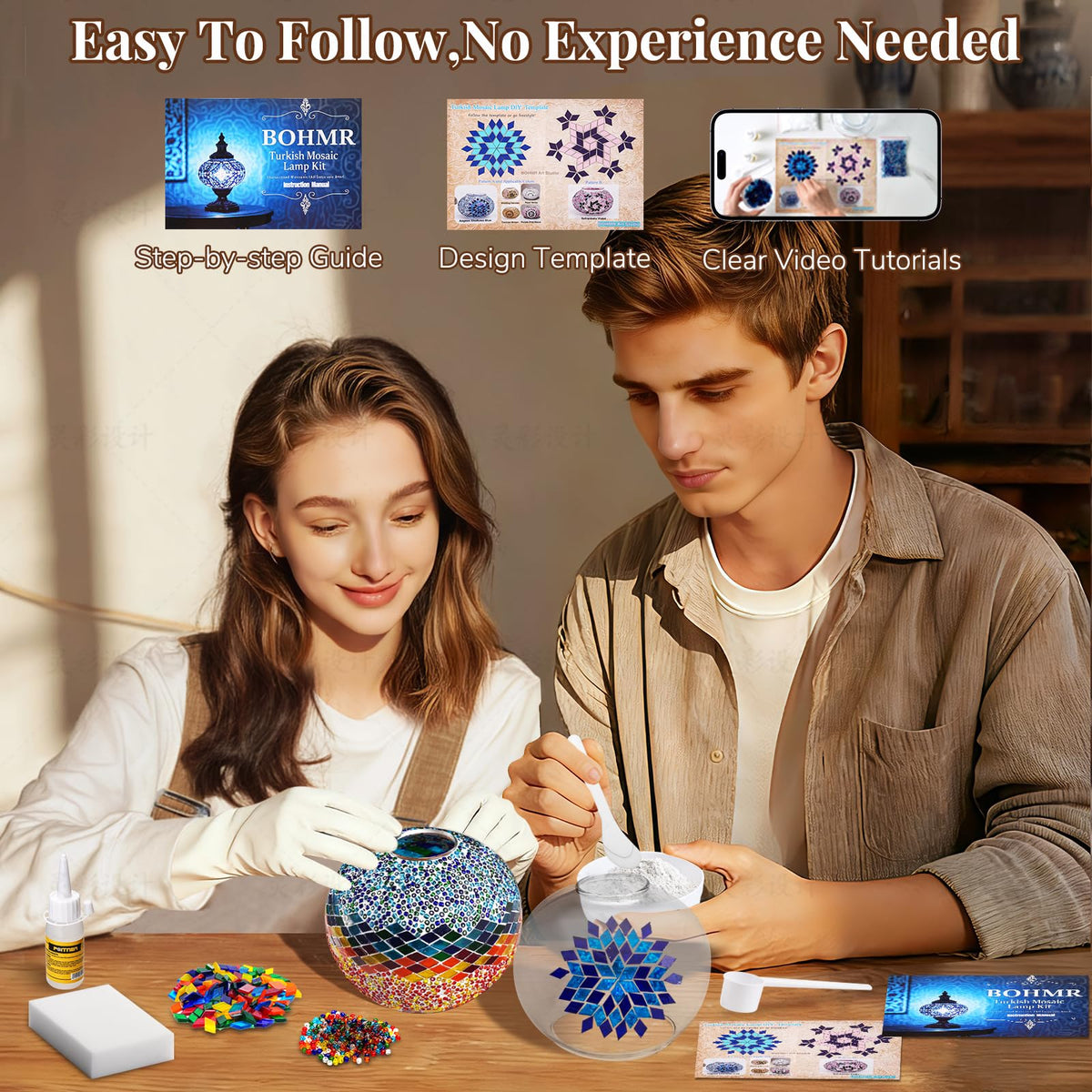 DIY Turkish Mosaic Candle Warmer Lamp Kit, Stained Glass Wax Melt Warmer Lamp Making Kit- Easy,Fun, No Experience Needed, Mosaic Art &Craft Project Kits for Adults &Teens, Make Your Own Lamp, Blue