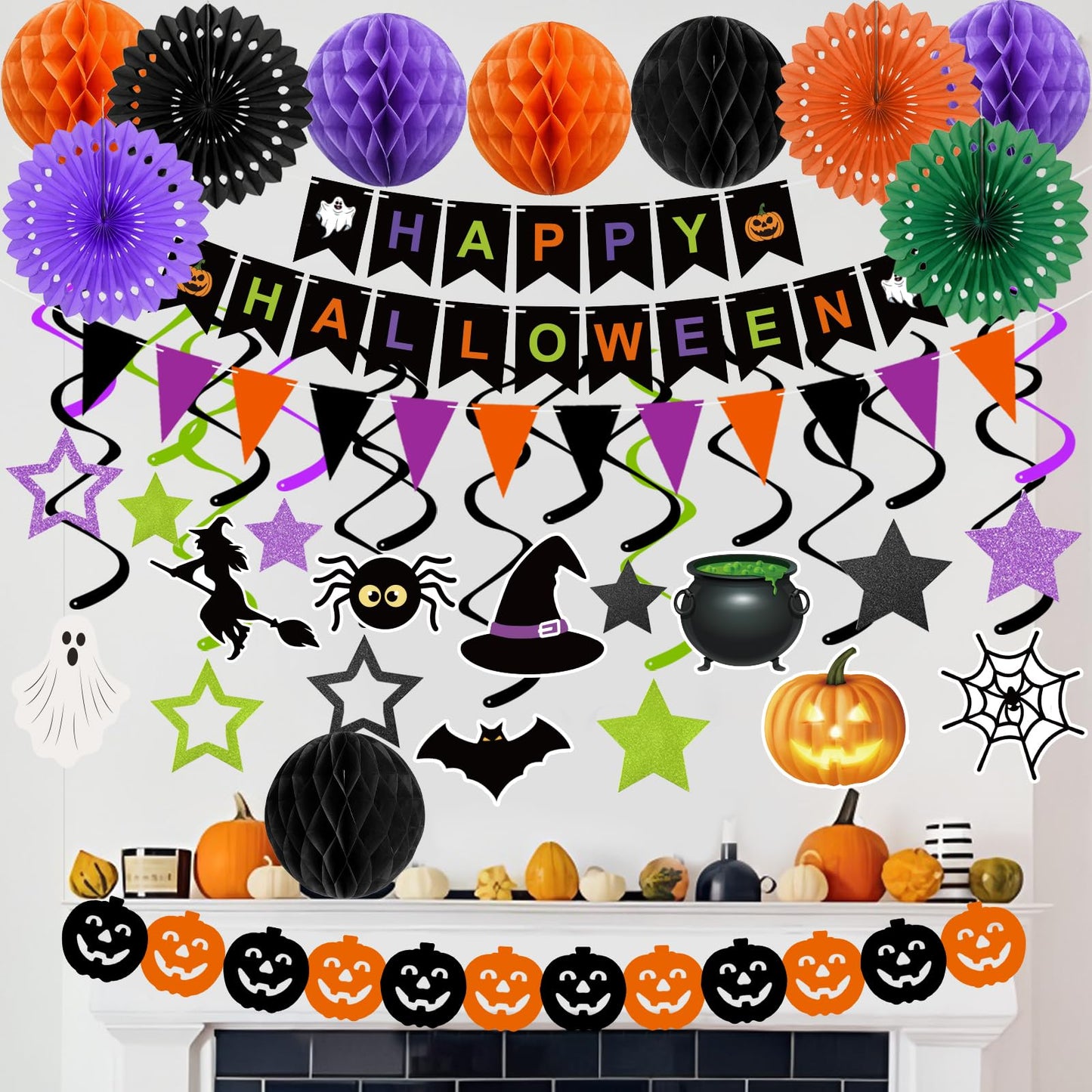 Halloween Party Decorations Happy Halloween Banner Honeycomb Balls Paper Fans Hanging Swirls Triangle Garland for Indoor Home Office Class School Party Supplies