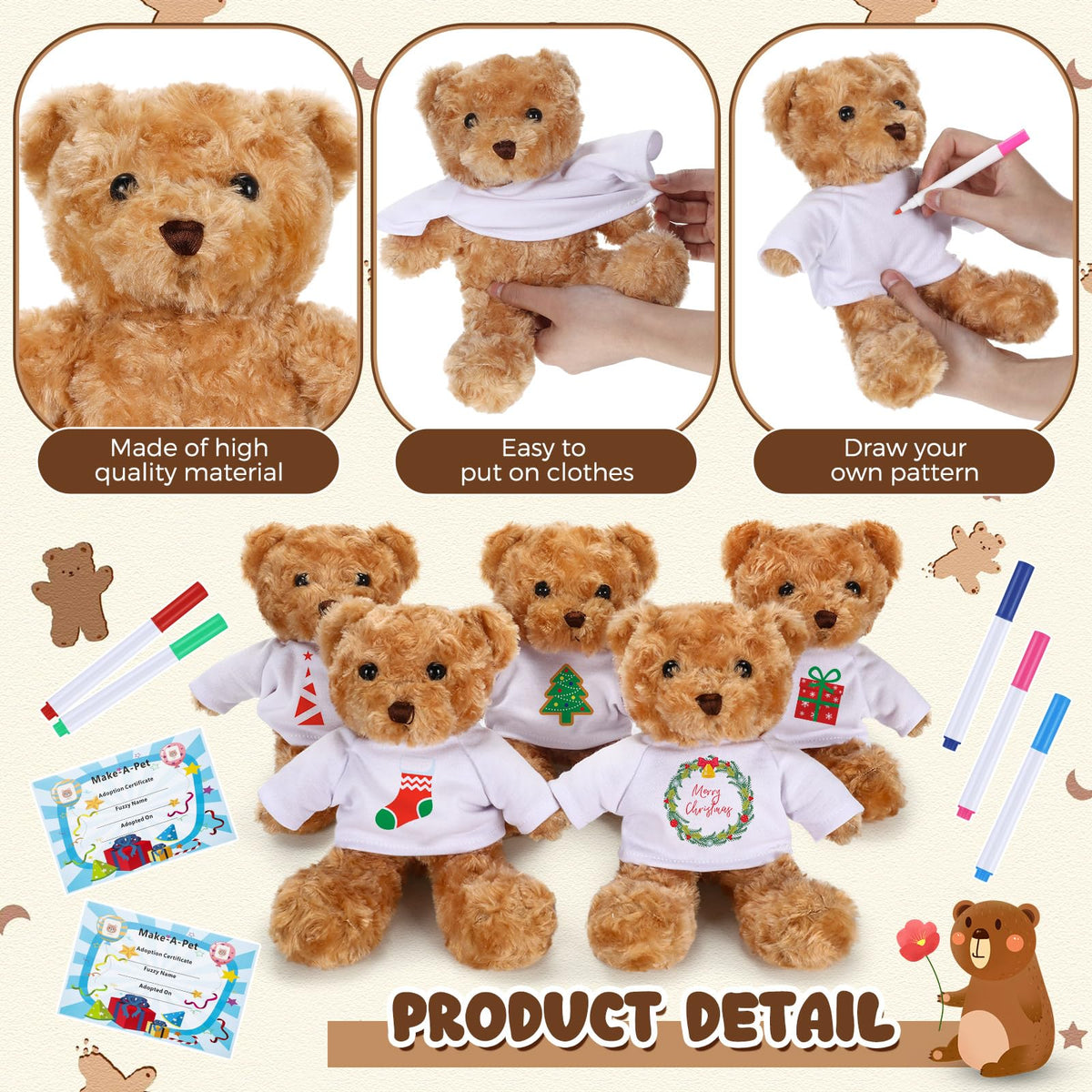 Blueweenly 20 Pcs 5 Set Graduation Make Your Own Stuffed Animal Teddy Bear Kit Including 5 9.84 Inches Velvet Animal with T Shirts and Markers for Graduates DIY Craft Gift(Brown,Bear)