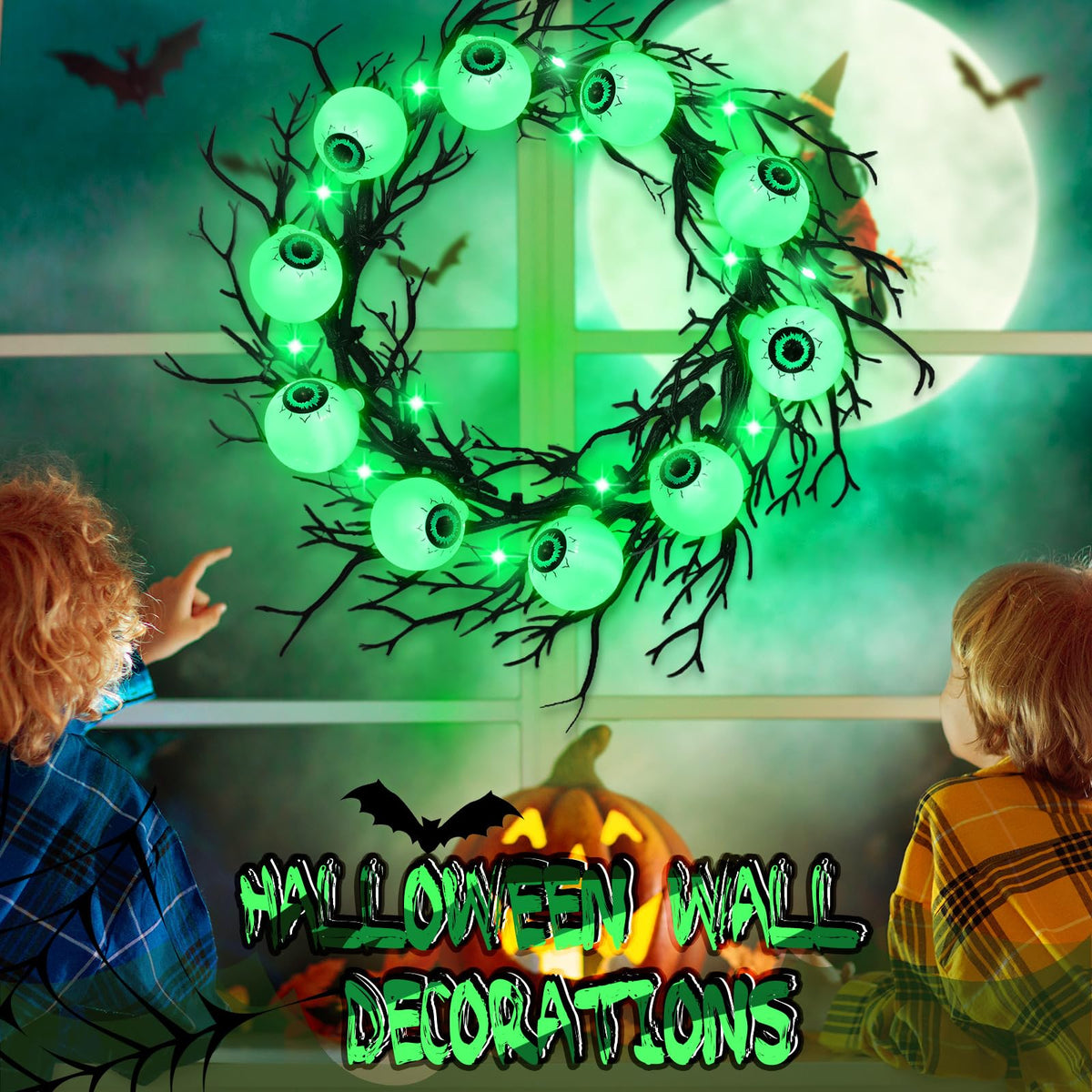 Dingion 18'' Halloween Eyeball Wreath for Front Door Light up Eyeball Wreath Decoration LED Halloween Garland with Black Dead Branch Garland Battery Operated Glowing Creepy Party Favor Wall Outdoor