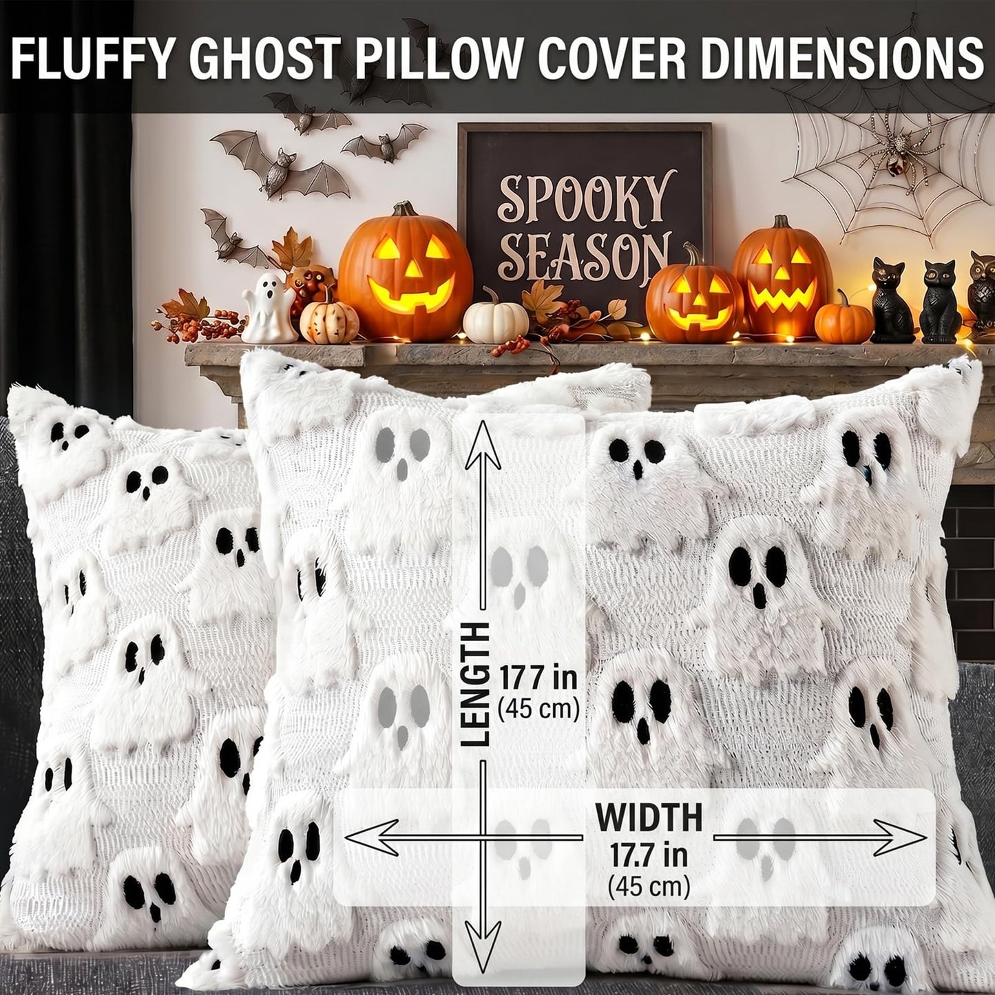 zmzdp 2PCS Halloween Pillow Covers, 18x18 inch White Ghost Throw Pillow Covers, Faux Fur Soft Couch Cushion Case, Fluffy Plush Accent Throw Pillow Case for Halloween Home Decor Indoor