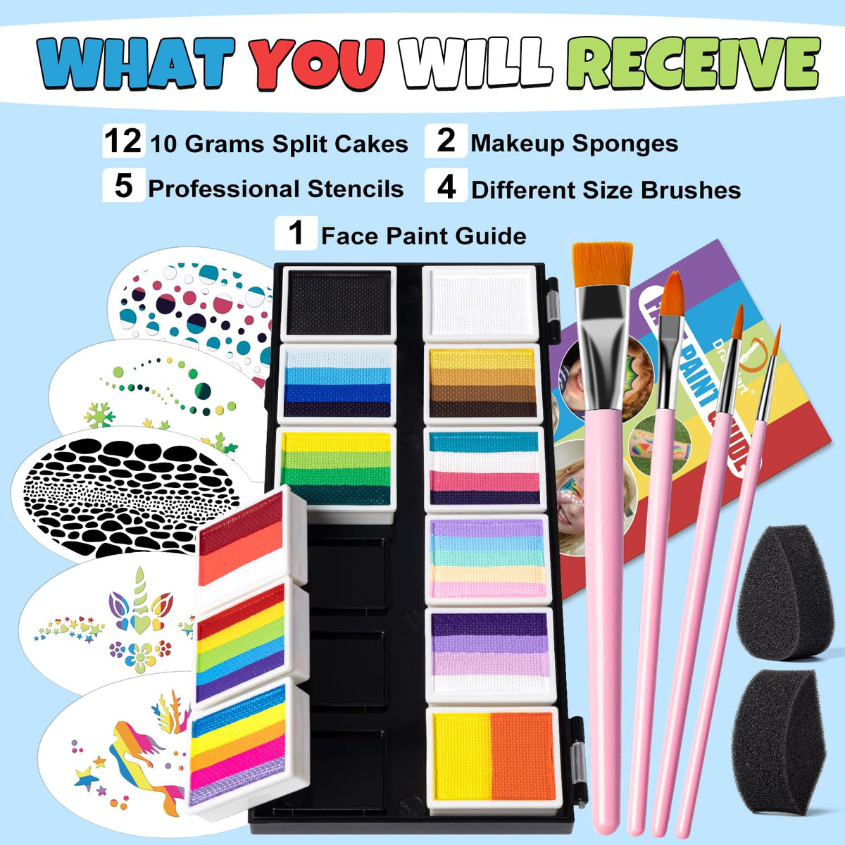 Drawdart Professional Face Painting Kit for Kids & Adults, Split Cake Face Paint Palette 12 x 10gm with Stencil, One Stroke Non Toxic Rainbow Body Paint Set for Halloween & Christmas Makeup