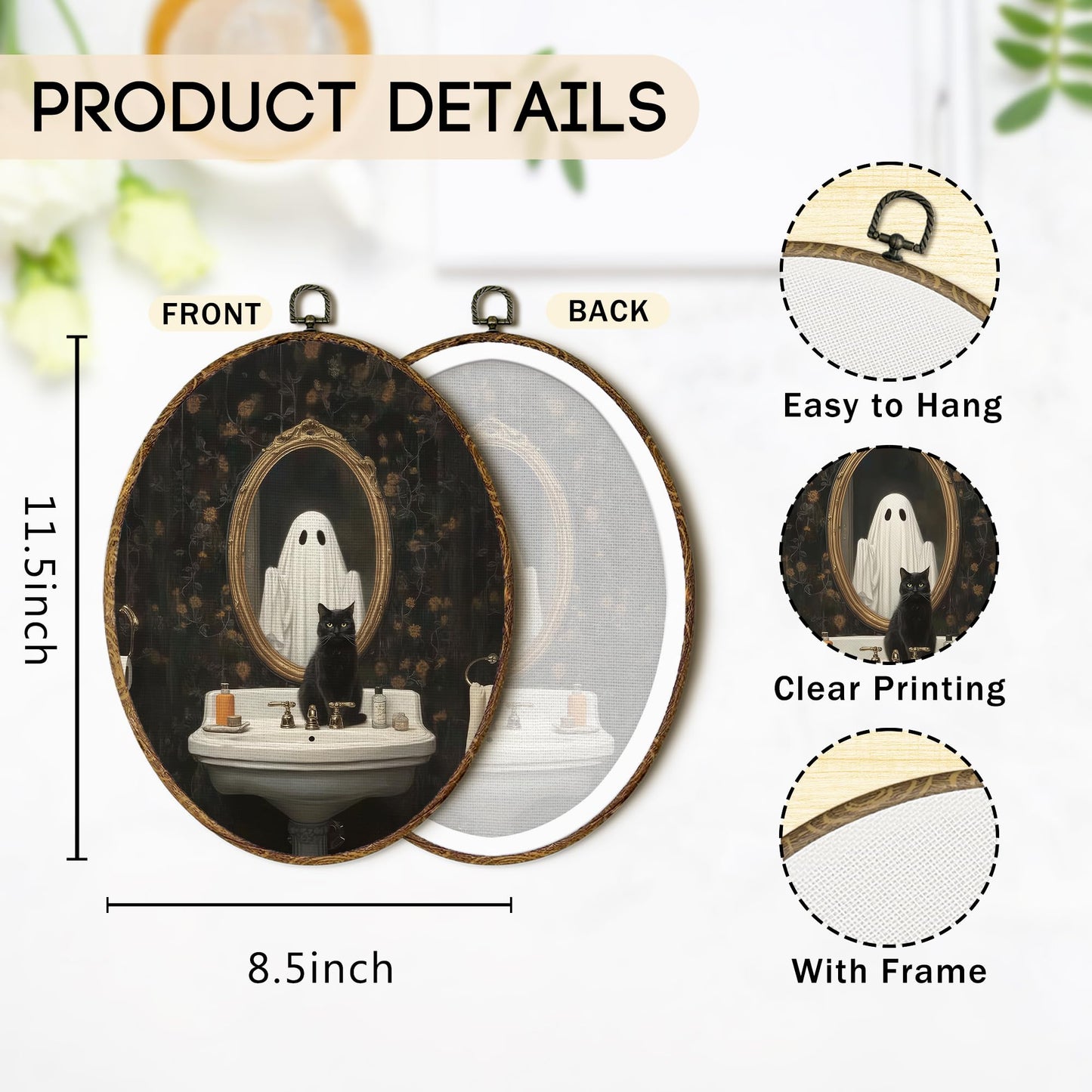 OINDADE Halloween Ghost Bathroom Oval Wall Art Decor, Fall Spooky Ghost Wall Art Hanging Decor, Halloween Fall Season Gothic Black Cat Framed Canvas Artwork for Bathroom Washroom Toilet, 8.8x11.5in