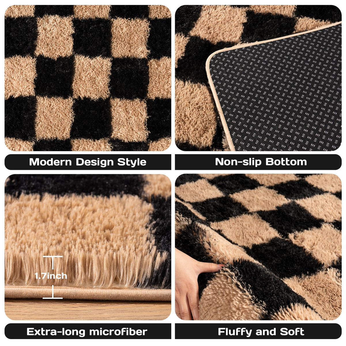 Checkered Rug 4x6 for Bedroom, Ultra Fluffy Shag Area Rugs for Living Room, Upgrade Anti-Skid High Pile Soft Rug Fuzzy Carpet for Living Room Bedroom Kids Room Nursery, Dorm Home Decor, Black & Beige