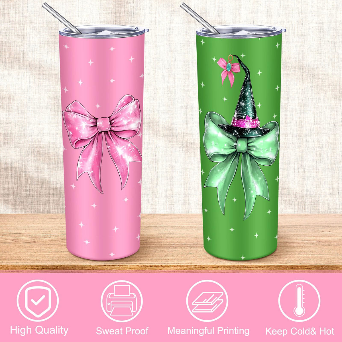 Geiserailie 2 Pack Witch Graduation Gifts for Daughter Pink and Green Stainless Tumblers 20 oz Bow Movie Steel Cups with Lids for Witch Fans Accessory for Women Friend Birthday Party Favor