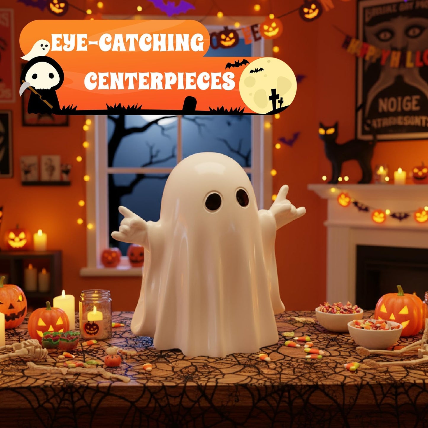 MIXFOSAHN Halloween Ghost Finger Statue HIO-Hop Ghost Statue Halloween Decorations Indoor Farmhouse Tiered Tray Decor Spooky Home Decorations Coffee Table Centerpieces Shelf Mantel Display 2 Pcs