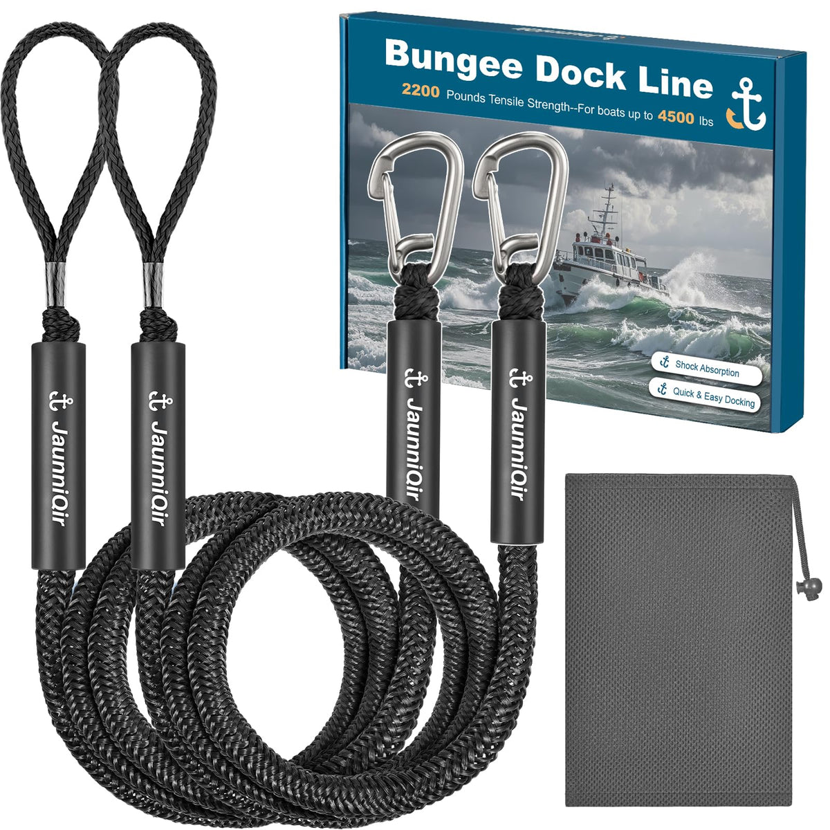 JaunniQir Bungee Dock Lines for Boats 7.2 Feet, 2 Pack Dock Lines with 316 Stainless Clips for PWC, Jet Ski, Kayak, Watercraft, Pontoon, Shock Absorbing Tie Off Downs Boat Mooring Ropes Accessories