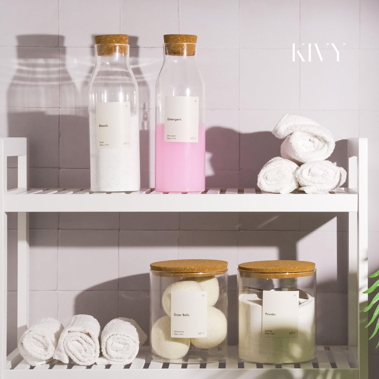 KIVY Glass Laundry Detergent Dispenser + Labels [Set of 2] Glass Jars for Laundry Room Organization Decor - Scent Beads & Soap Dispenser for Liquid Detergent Dispenser & Fabric Softener