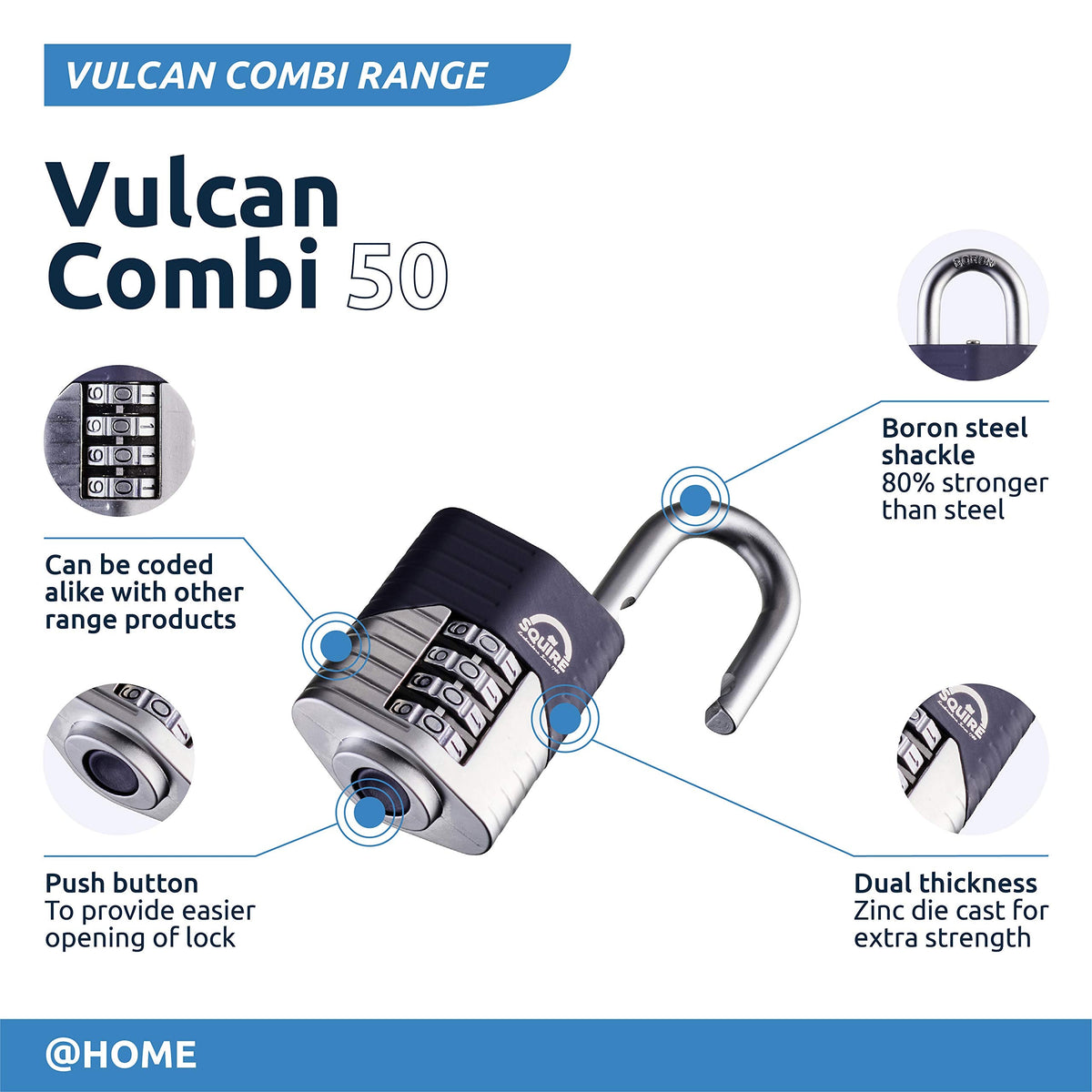 Squire Heavy Duty Padlock (Vulcan Combi 50) - Toughest Open Shackle - 4 Wheel Vulcan Padlock - Steel Cast Alloy for Corrosion Resistance - Weatherproof Lock for Home, School & Shed (Blue, 2")