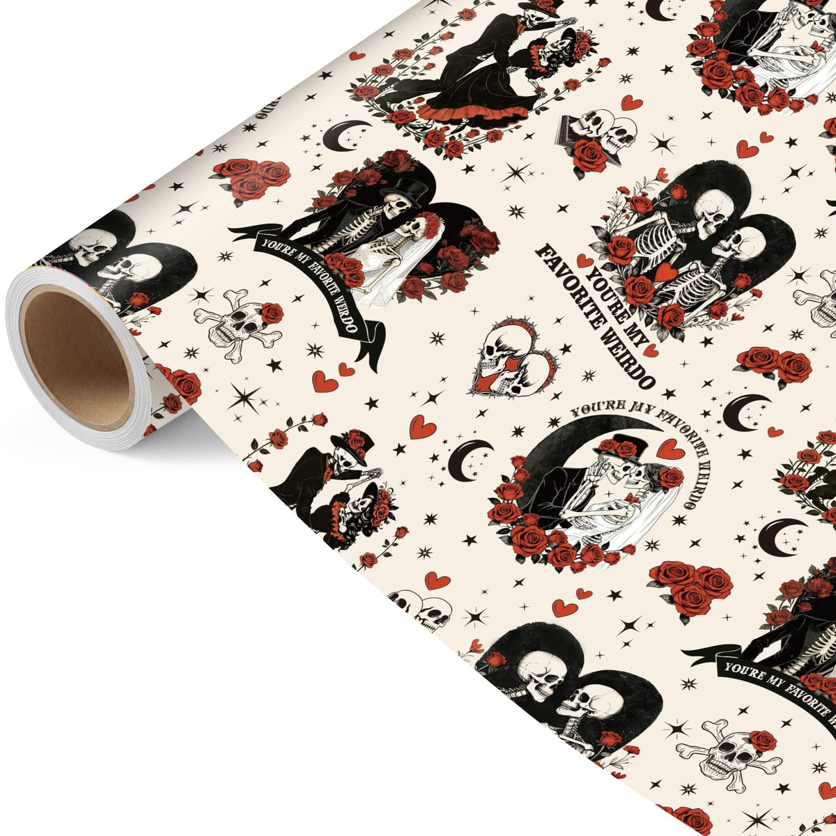 Joviwrap Gothic Anniversary Wrapping Paper Roll, Skull Couple Romantic Wrapping Paper, Black Red Skeleton Rose Present Packaging for Goth Weirdo Lovers Birthday Wedding Halloween, 17 In x 16.4 Ft