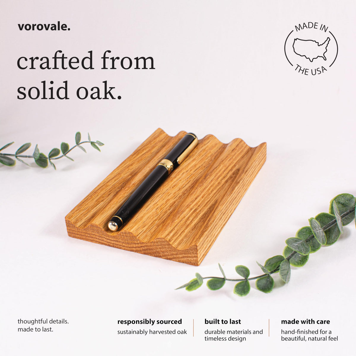 Vorovale Solid Oak Pen Tray, Minimalist Desk Organizer, Natural Wood Pen Holder with Rounded Wavy Channel, Handcrafted Office Accessory
