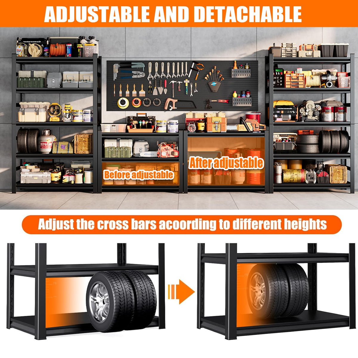 PRESTELION Garage Shelving 3000LBS Storage Shelves 5-Tier Adjustable Metal Shelving Units Garage Storage Shelves Heavy Duty for Industrial, Warehouse, Basement, Commercial, Black (78" H×45" W×16" D)