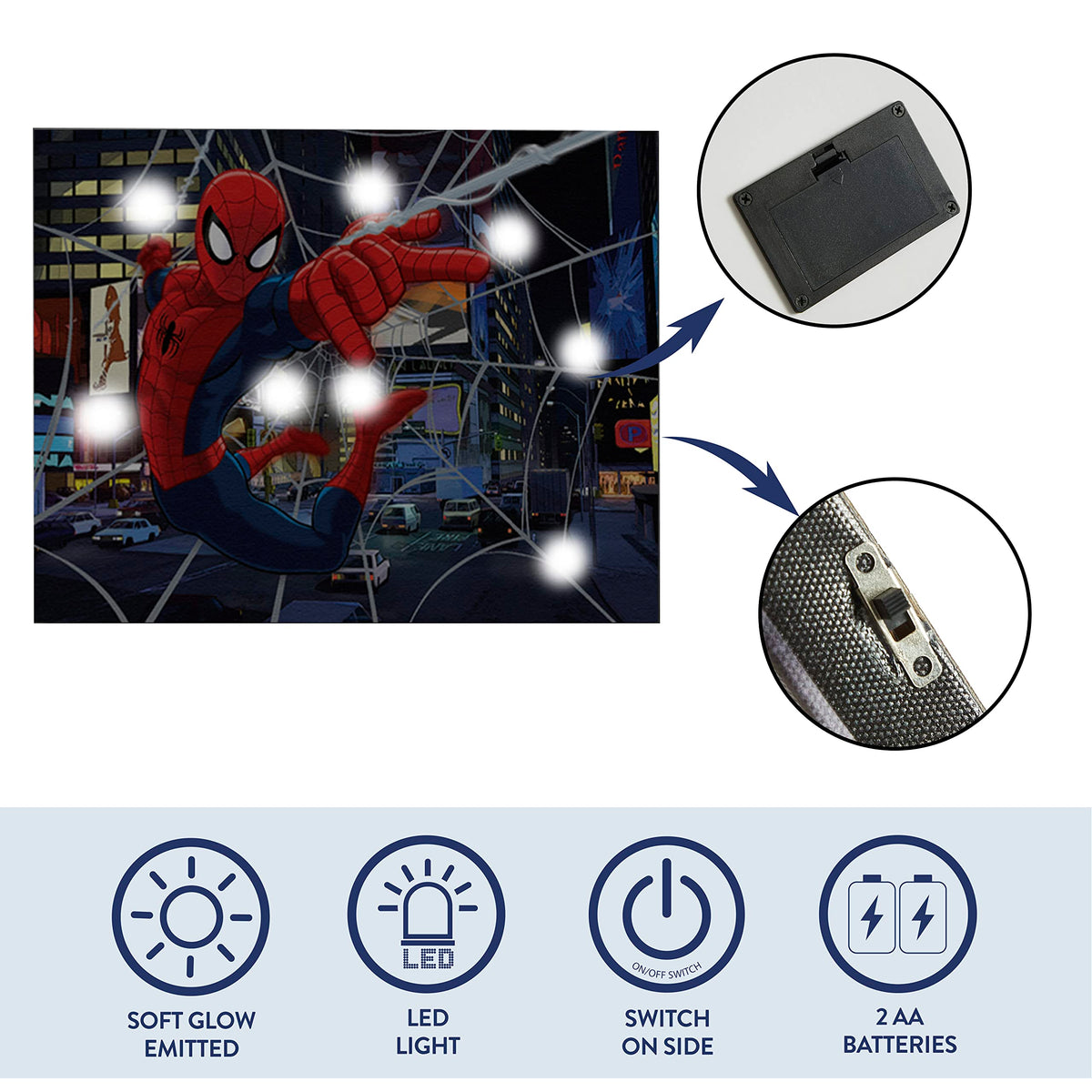 Idea Nuova Spider-Man LED Canvas Wall Art, Children's Home Décor, Bedroom, Spiderman / Blue, 11.50" x 15.75"