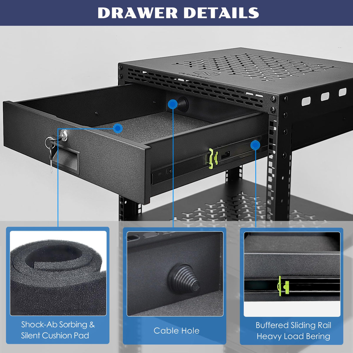 OCEANHUG 20U Server Rack Cabinet with Drawer & 2 PCS Full Size Rack Shelves - Integrated Top/Bottom Panels, 4 Rolling Wheels for 19" Equipment & Home Lab Studio