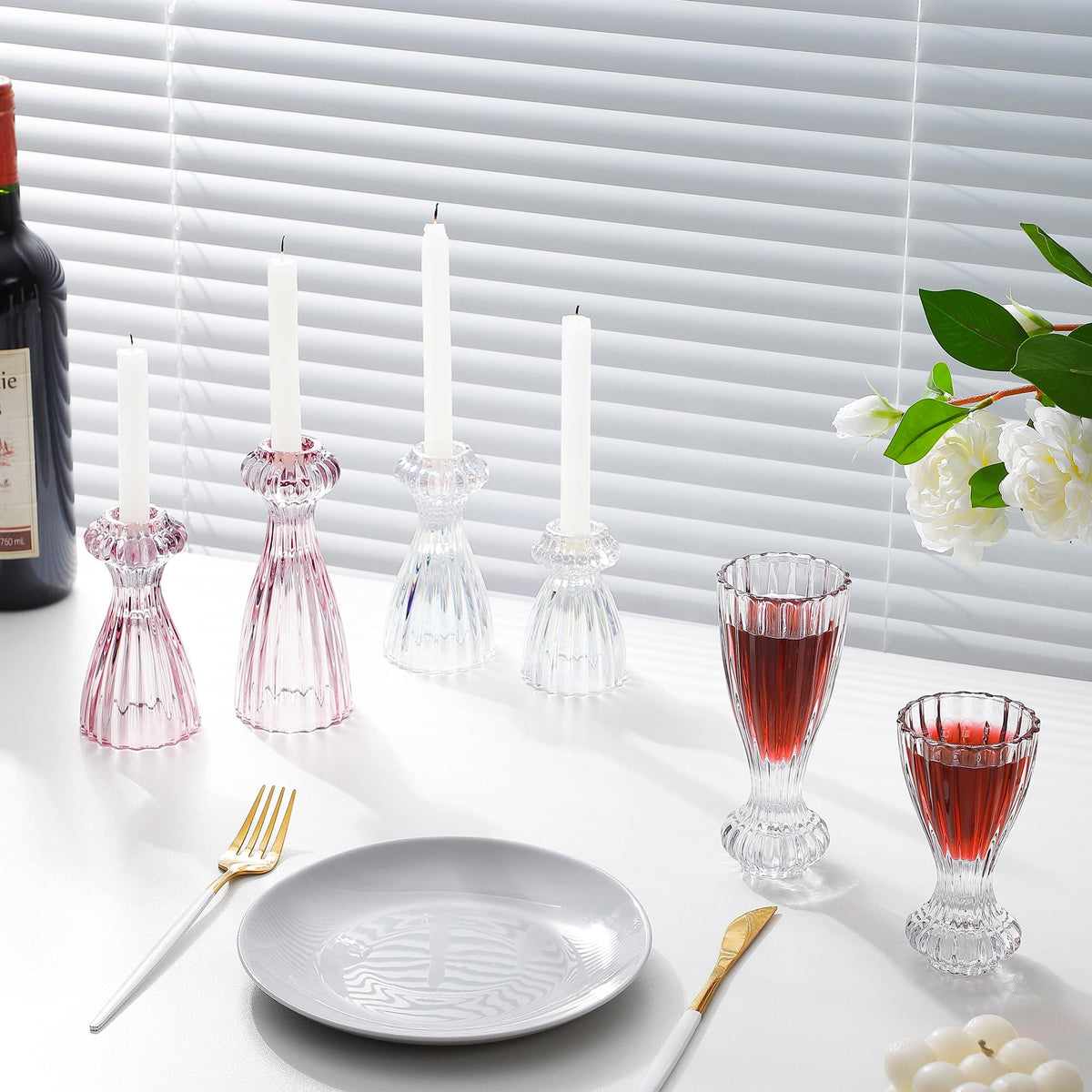 Lysenn Glass Candle Stick Holder Set of 3 – Premium Taper Candle Holders for Romantic Ambiance - Candle Sticks Holder Decor for Special Occasions - Smoke Gray