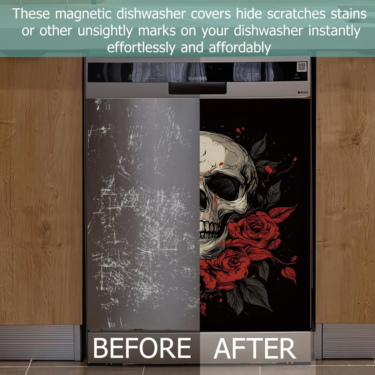 Gothic Skull Dishwasher Magnets Decorative Cover,Halloween Red Rose Flower Waterproof Magnetic Dishwasher Cover Panel,Refrigerator Magnet Cover for Kitchen Home Decor 23x26 Inch