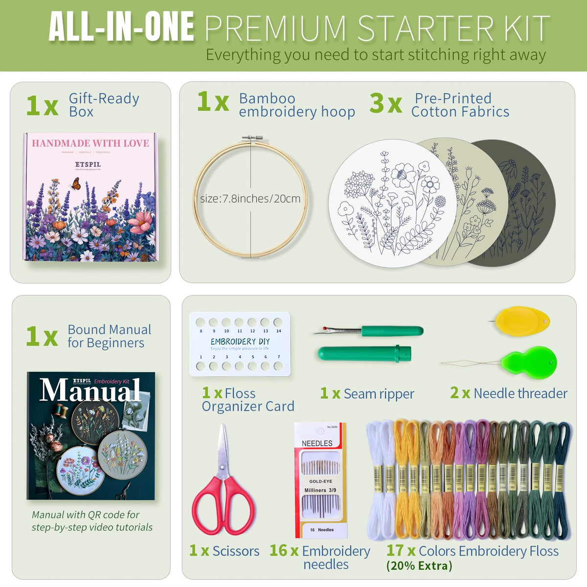 ETSPIL Beginner Embroidery Kit for Adults, 4K HD Video Tutorials, Pre-Printed Botanical Floral Designs, Essential Stitches & Bound Guide, Relaxing Screen-Free Activity for Women at Home