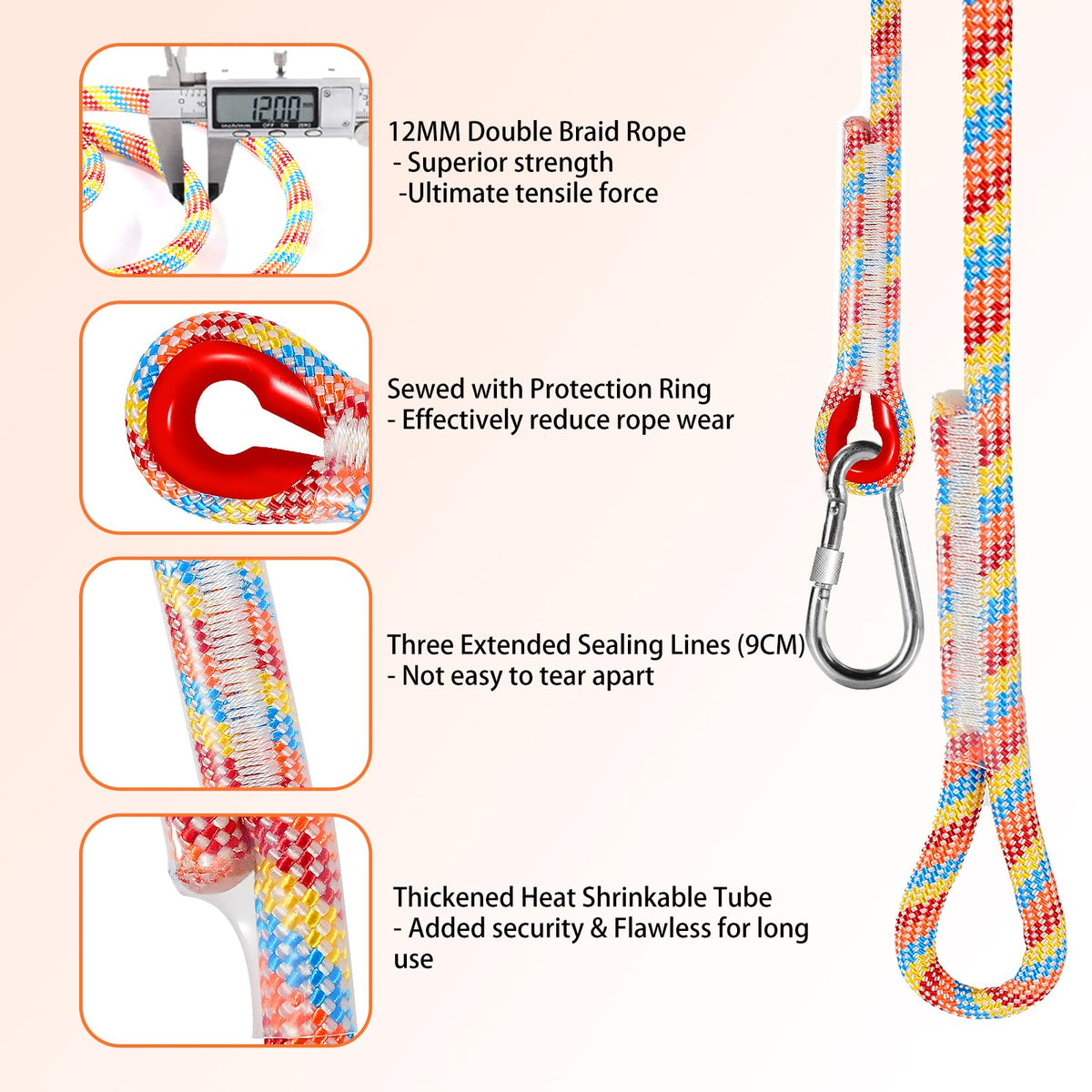 Werfeito Tree Swing Ropes (Set of 2), 3FT/5FT/10FT/15FT/20FT, Tree Swing Straps Hanging Kit Holds 4400 lbs, Heavy Duty Carabiners for All Swing Hammock Playground Set Accessories (3 FT)