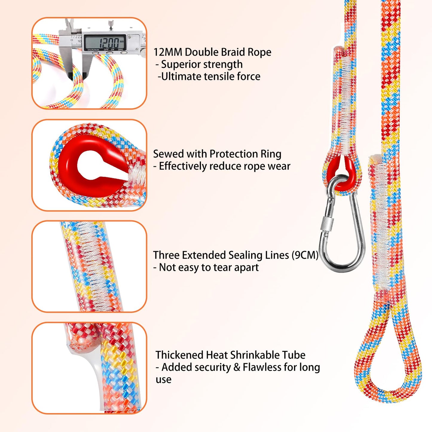 Werfeito Tree Swing Ropes (Set of 2), 5FT/10FT/15FT/20FT, Tree Swing Straps Hanging Kit Holds 4400 lbs, Heavy Duty Carabiners for All Swing Hammock Playground Set Accessories (15FT)