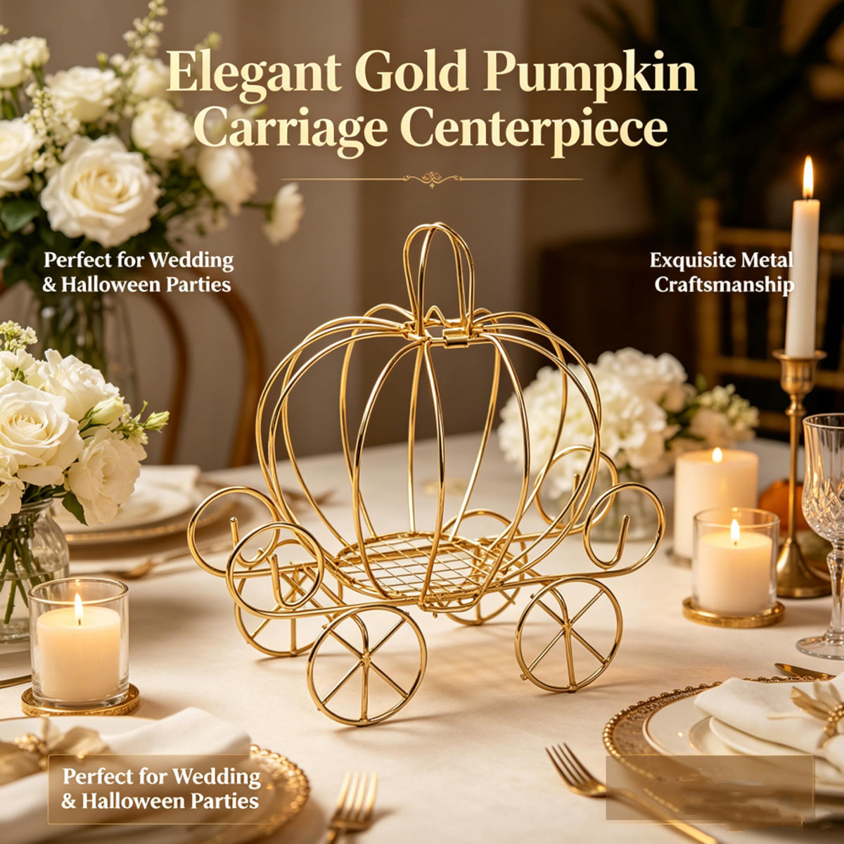 YANGYIXIN 4-Pack Metal Candy Server Gold Pumpkin Carriage Centerpiece Box for Princess Birthday, Princess Party & Themed Party Decorations