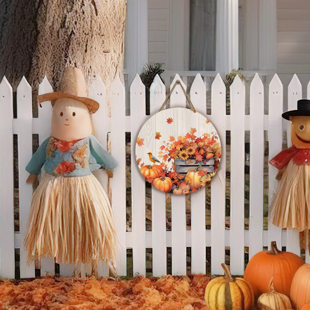 Dacawin Fall Door Sign Wooden Autumn Pumpkins Door Hanger Maple Leaf Sunflowers Bird Sign for Outdoor Porch Wall Fall Harvest Hanging Decorations