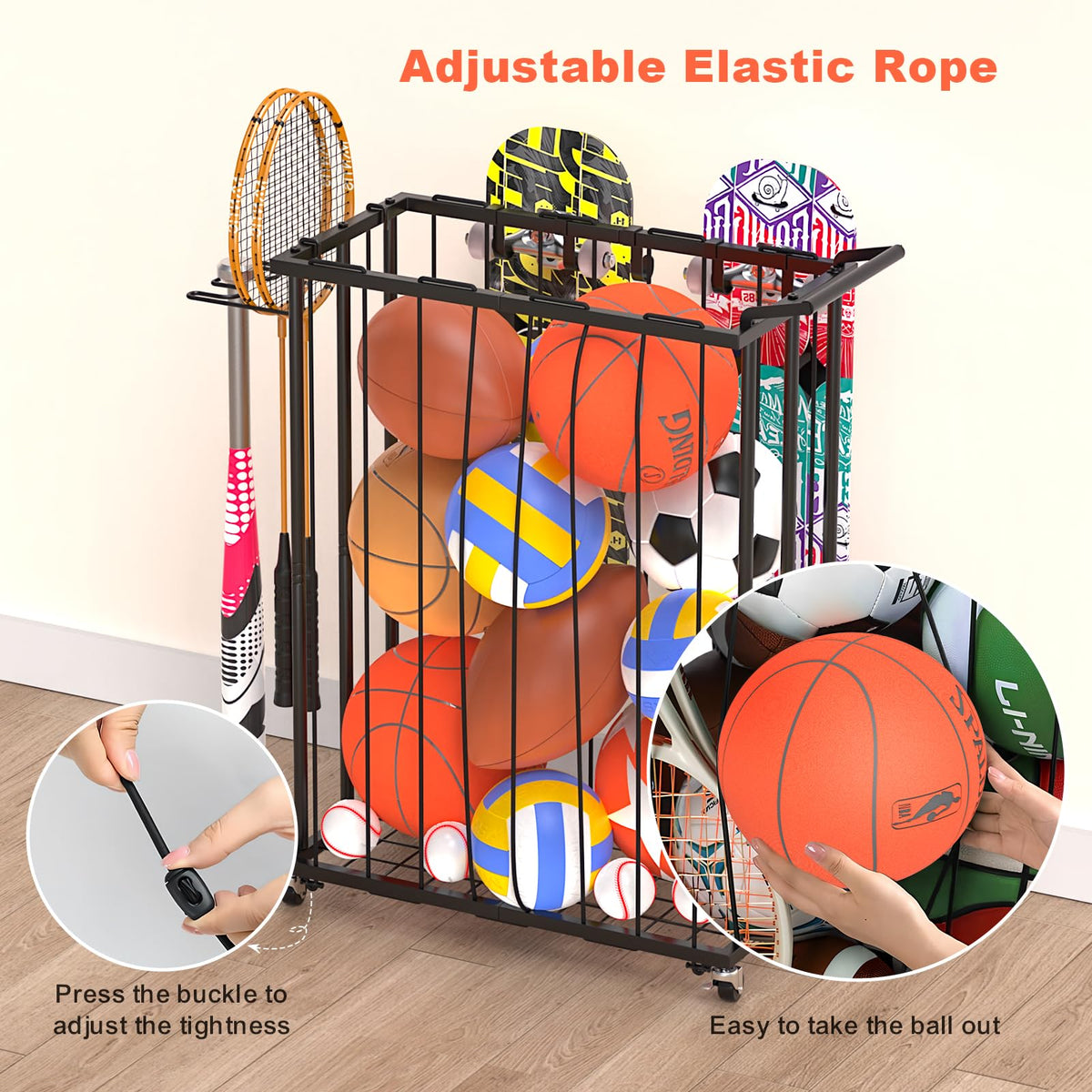 Multi-Functional Sports Storage Rack with Elastic Rope, Movable Racket Holders & Hooks - Heavy-Duty Organizer for Balls, Tennis/Badminton Rackets, Skateboard - Ideal for Garage, Home Gym & Playroom