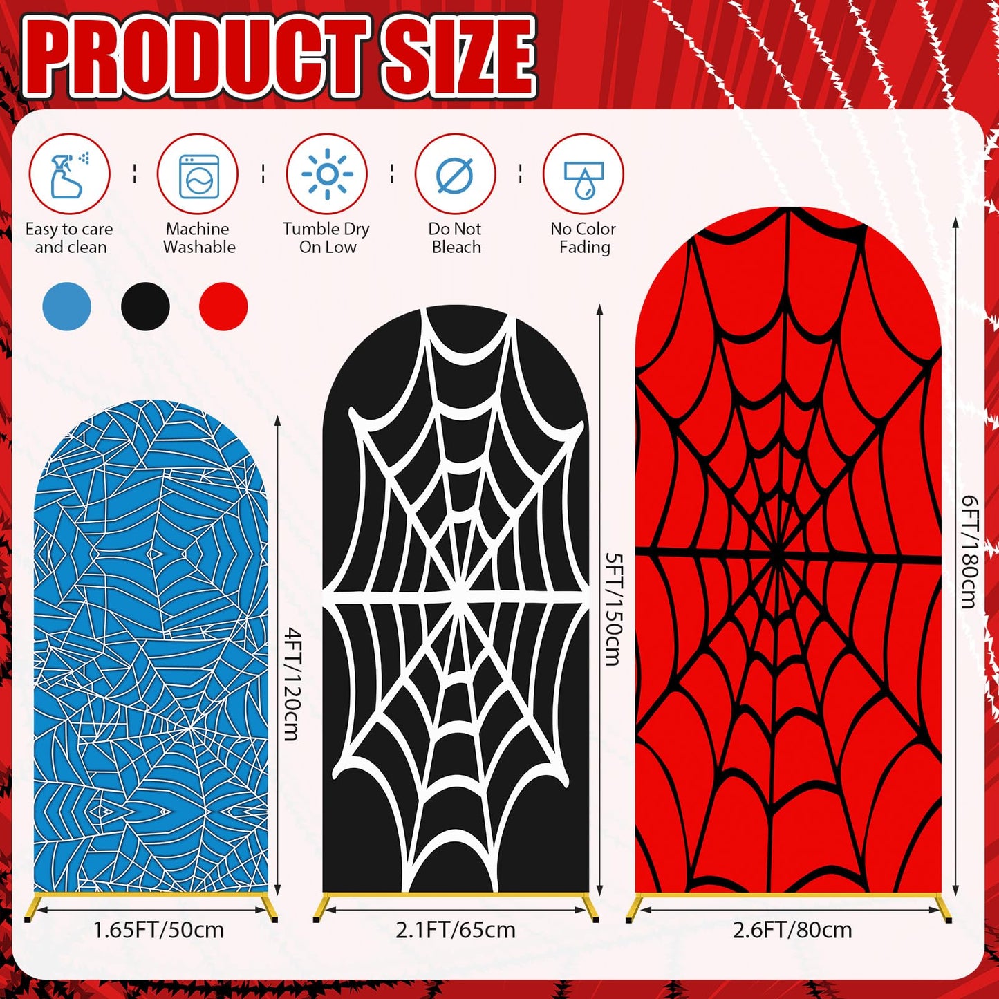 Tingjoo 3 Pcs Spider Web Arch Backdrop Cover Set 4Ft 5Ft 6Ft Spider Birthday Party Decorations Polyester Arch Stand Cover for Photo Props Cosplay Wedding Baby Shower Backdrop Decor