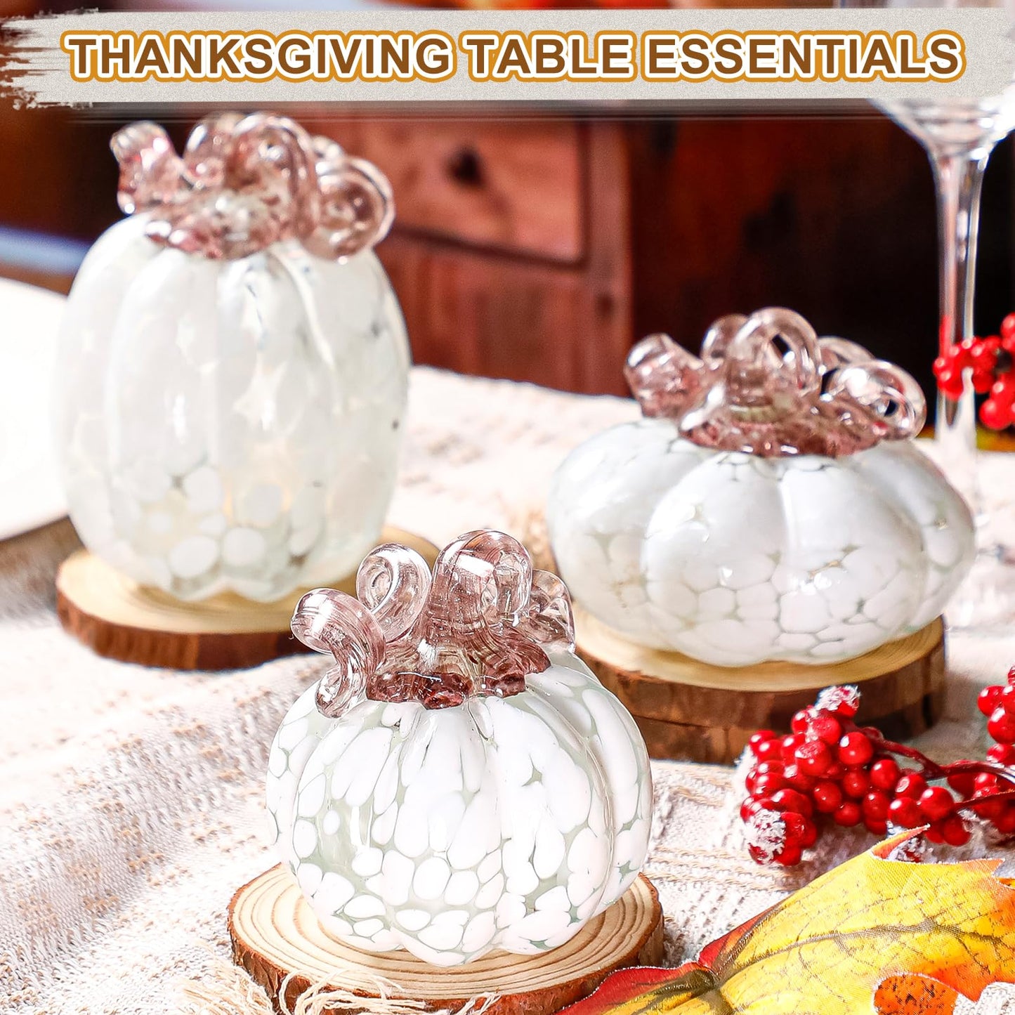 Geelin 3 Pcs Hand Blown Glass Pumpkin Figurine Autumn Crystal Glass Pumpkin Collectible Ornaments for Tabletop Thanksgiving Halloween Fall Harvest Decorations (White)