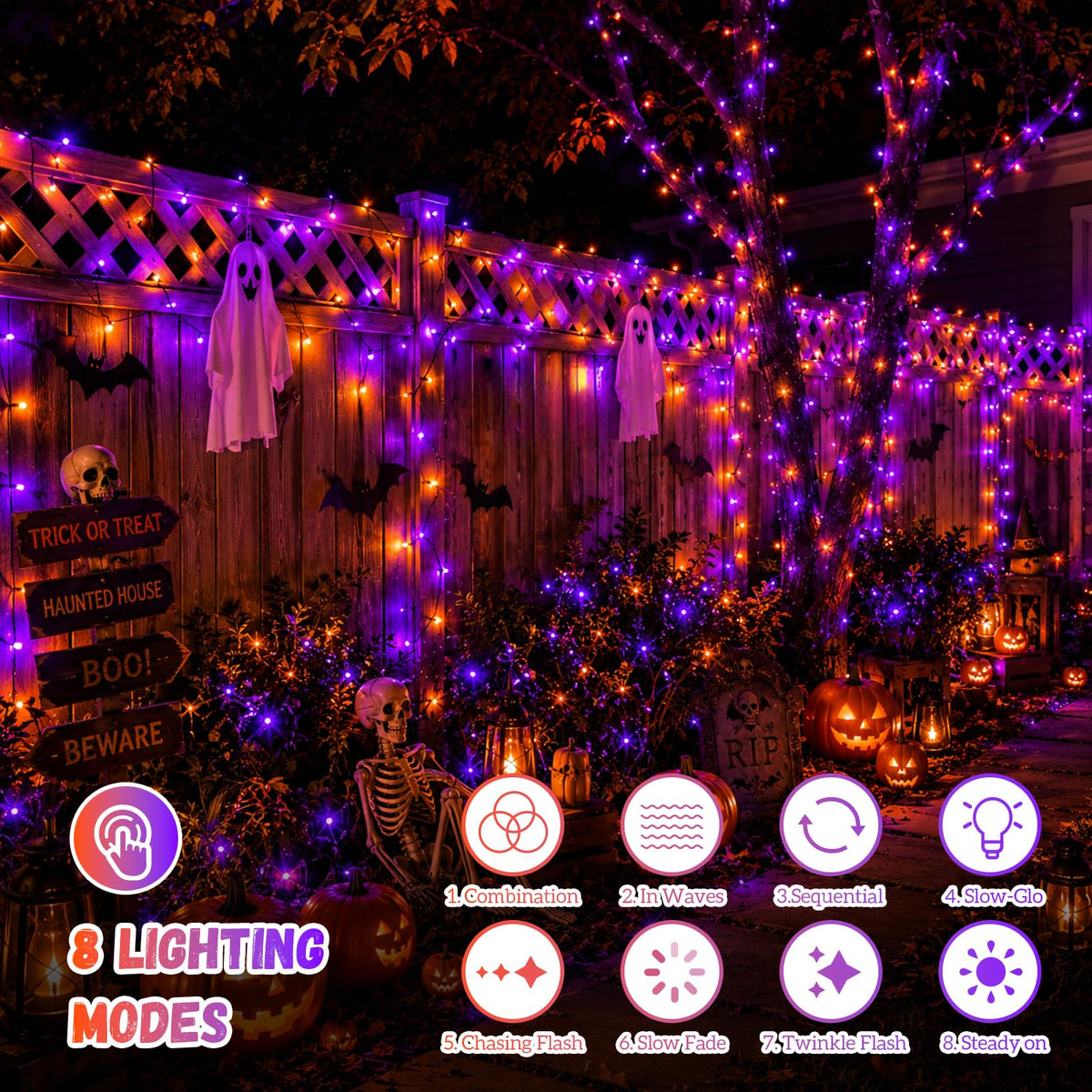 QITONG Orange and Purple Solar String Lights, 2 Pack Each 66ft 200 LED Halloween String Lights Outdoor Waterproof, 8 Modes Christmas Solar Twinkle Lights for Halloween Decor
