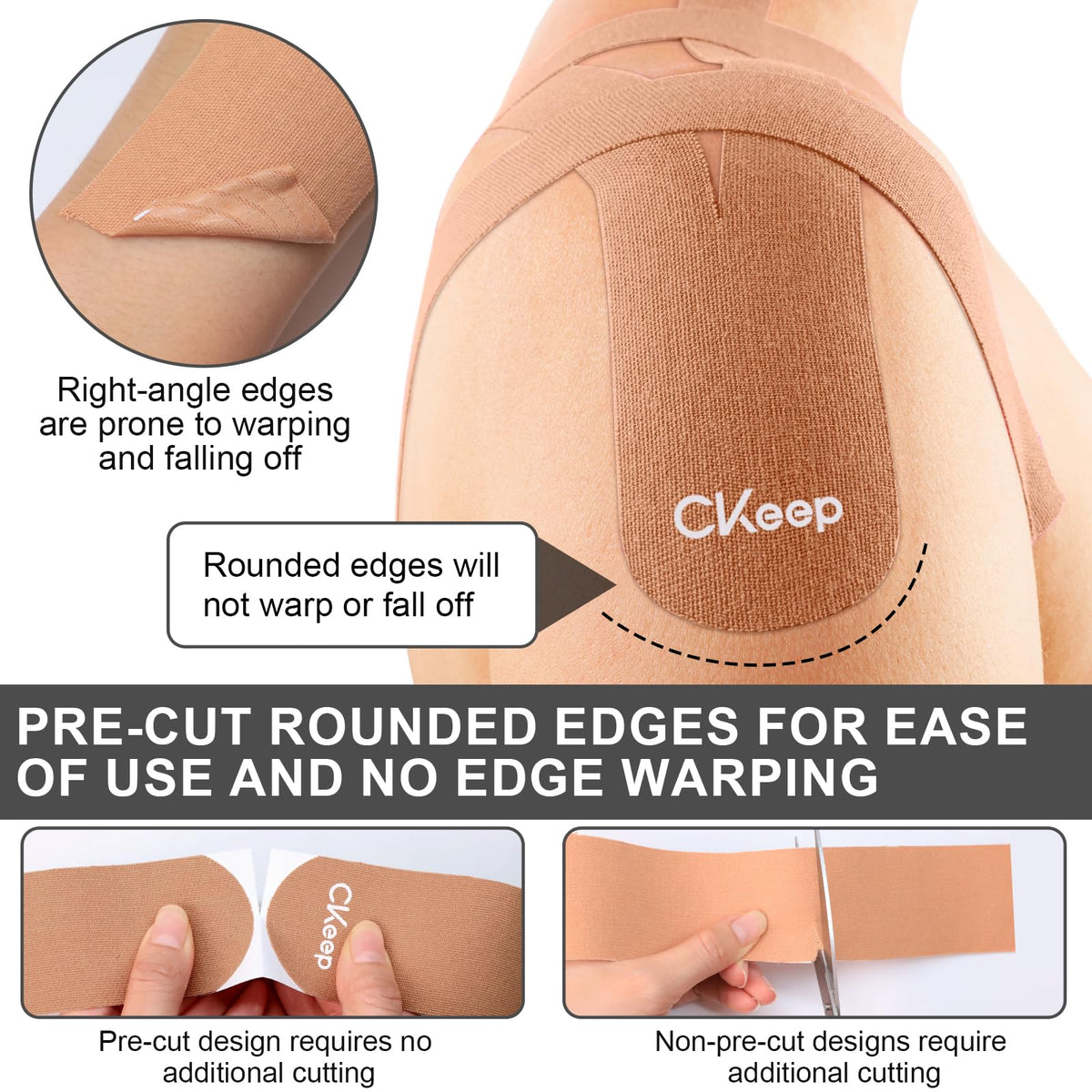 CKeep Kinesiology Tape, 2 Rolls Cotton Latex Free Hypoallergenic Elastic Precut Strips, 2 Inch Wide Waterproof Athletic Tape for Knees Pain Injuries Sprains, Beige