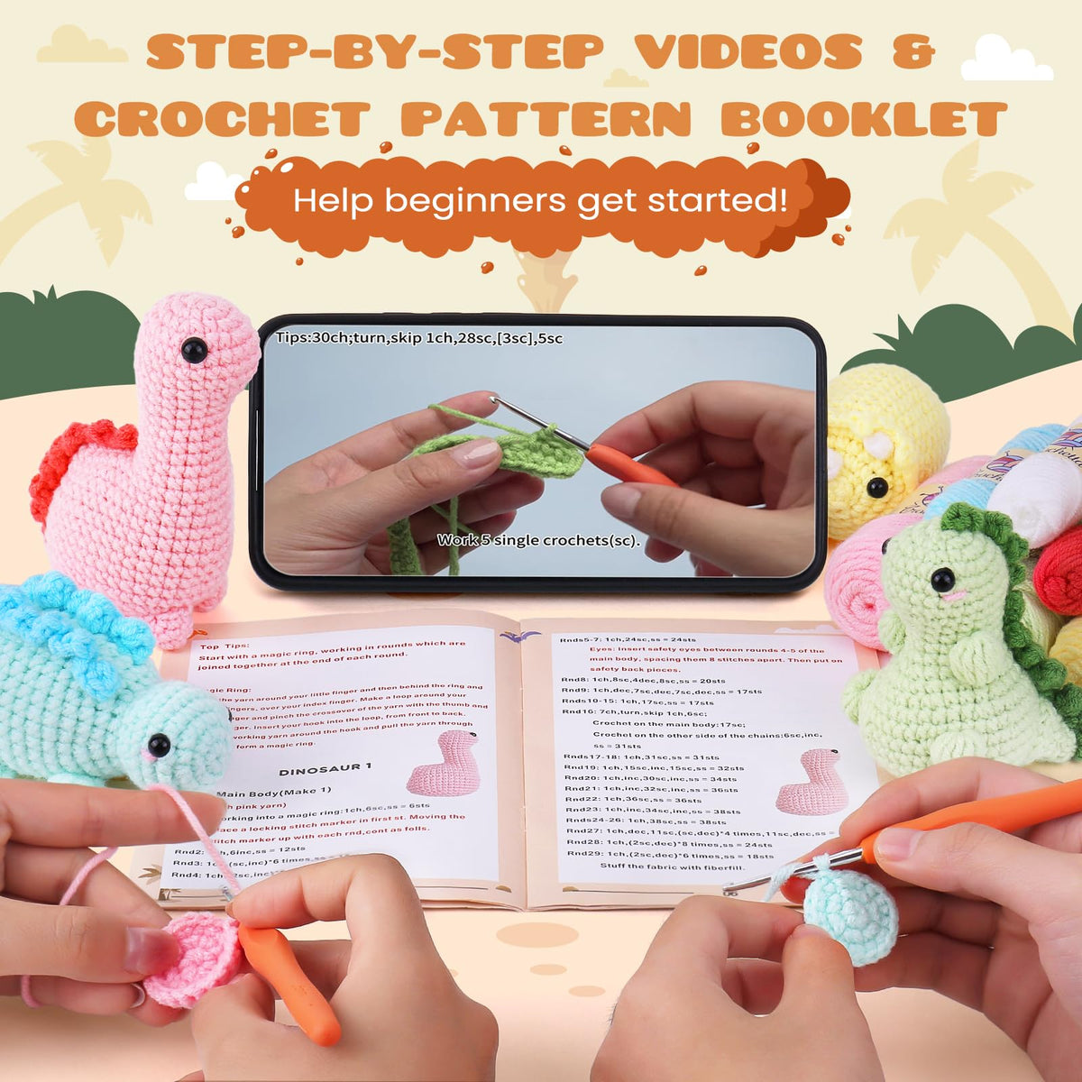 Crochetta Crochet Kit for Beginners, Crochet Starter Kits for Adults, Amigurumi Craft Knitting Crocheting Kits with Step-by-Step Video Tutorials, 6 Pc Hanging Potted Plants Family(40%+ Yarn